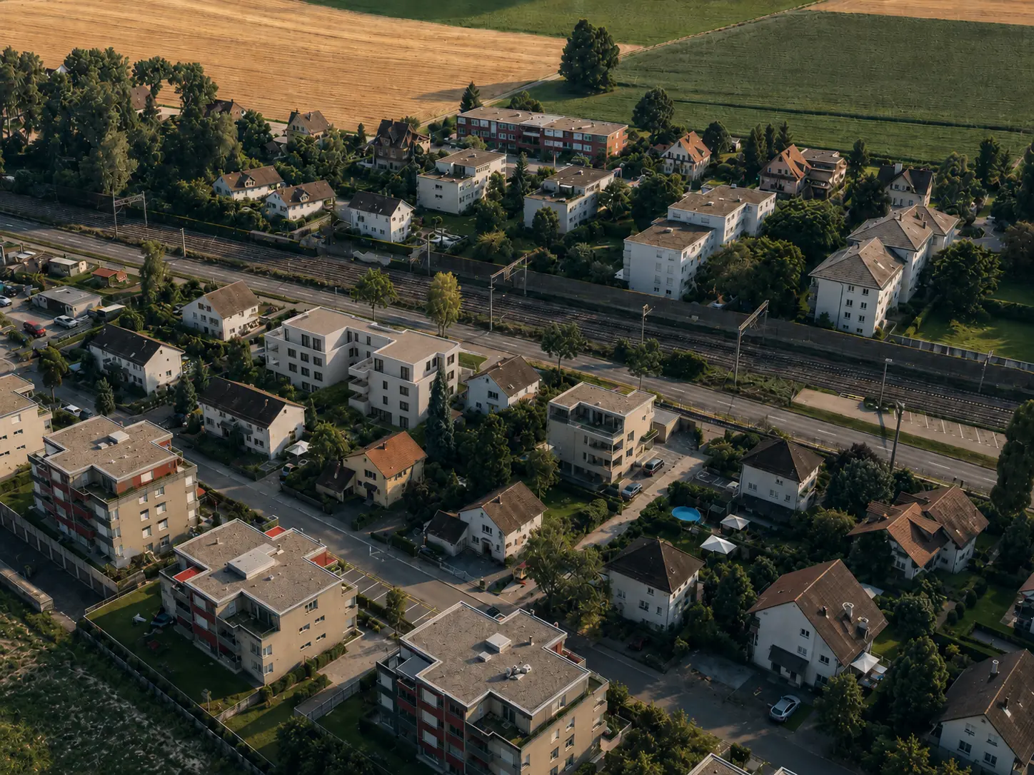 Luftbild des Quartiers in Oberglatt mit Bahnlinie und offener Feldlandschaft